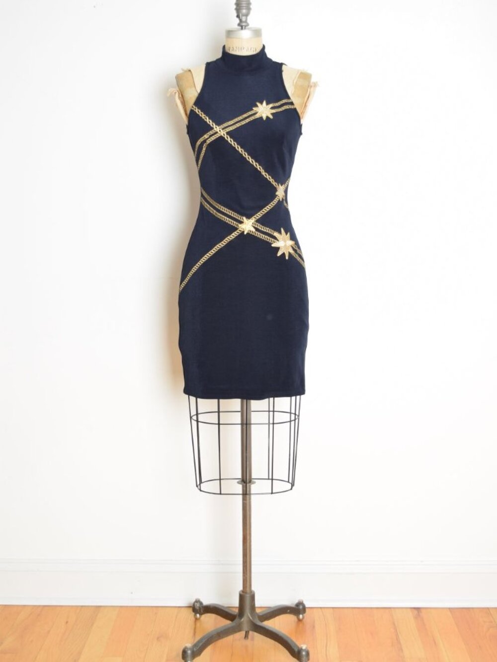vintage 90s bandage dress Tadashi navy gold embroidered mini party cocktail S